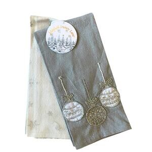 Embroidered Christmas Ornament Kitchen Towels 2pc 20x28 Metallic Silver & White